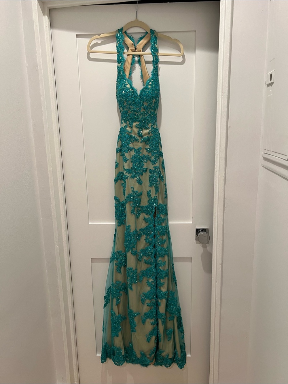 Teal Lace Appliqué Halter Evening Gown
